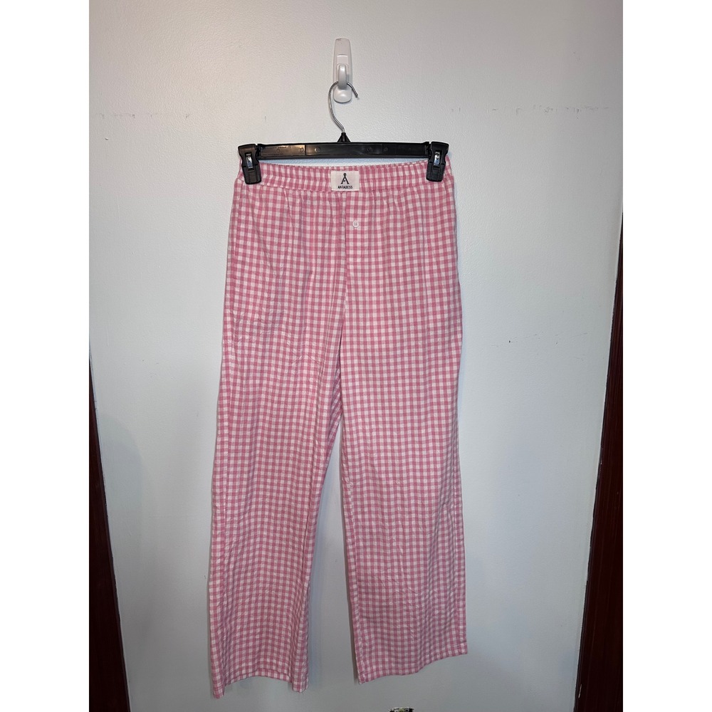 Anrabess Pink Gingham Wide Leg Lounge Pants Womens Small High Waist Rayon TL0063